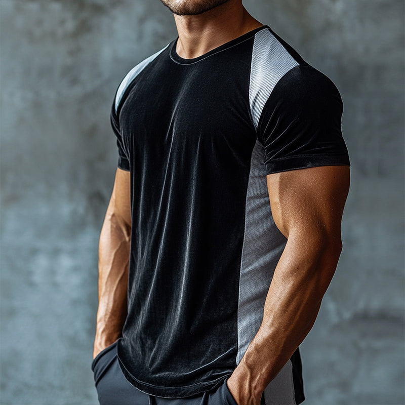 Men's Retro Casual Velvet Stitching Round Neck Short Sleeve T-Shirt MTA1683D5TO
