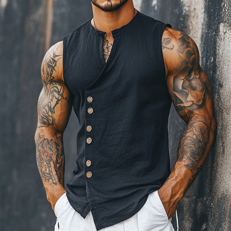 Men's Retro Casual Solid Color Linen Stand Collar Sleeveless Shirt MTA1688D0TO
