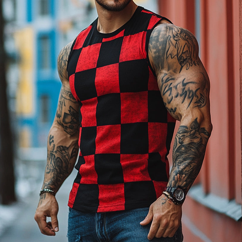 Men's Retro Casual Contrast Checkerboard Print Crew Neck Tank Top MTA1683D1TO