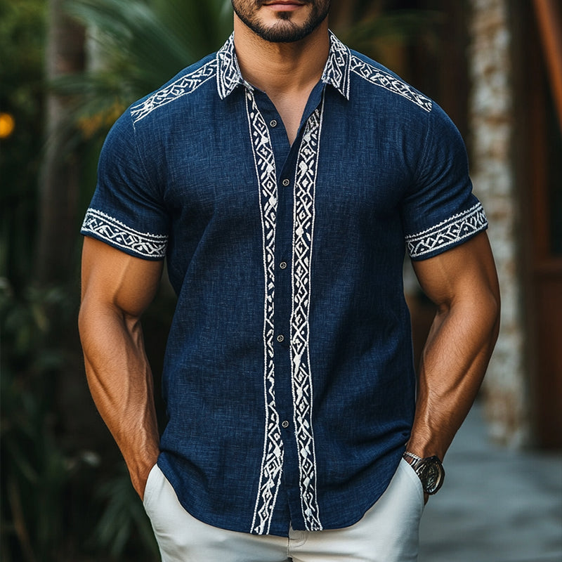 Men's Retro Casual Ethnic Style Geometric Print Linen Lapel Short Sleeve Shirt MTA1695D2TO