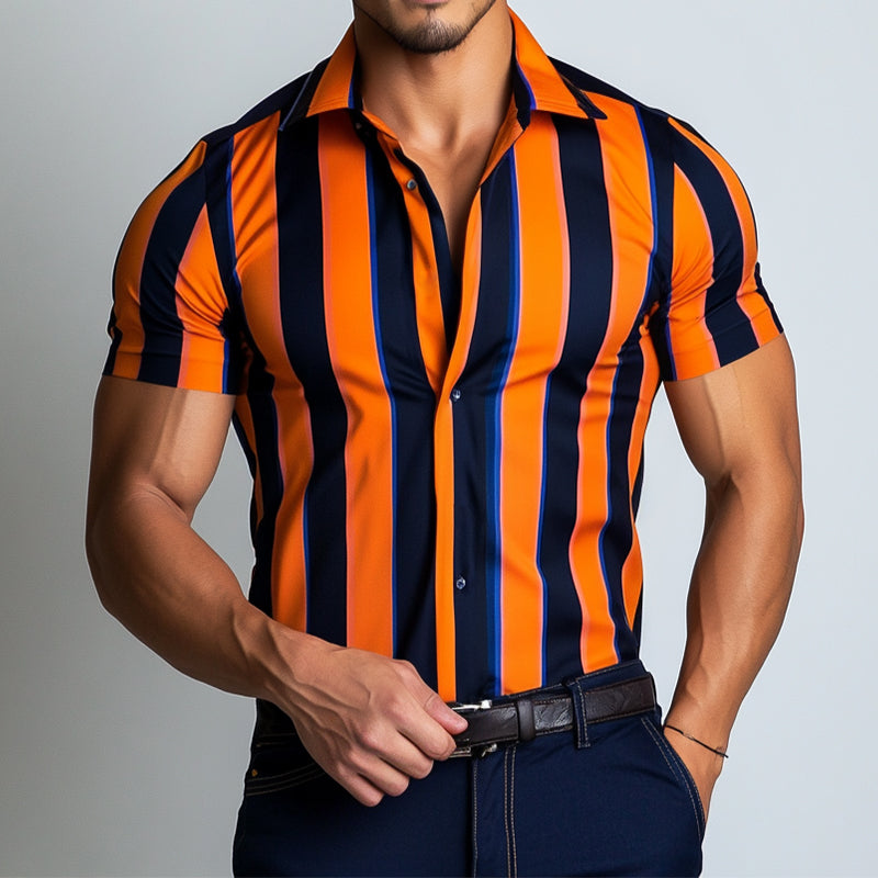 Men's Casual Stripe Print Lapel Short Sleeve Shirt MTA1614D9TO