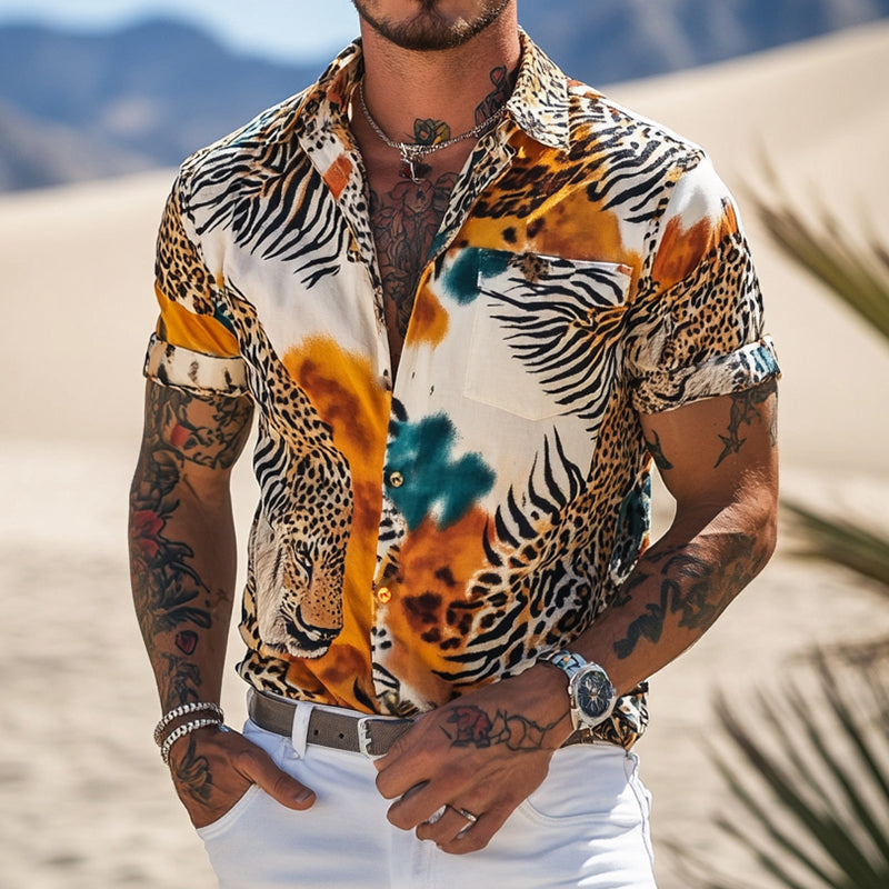 Men's Retro Casual Animal Texture Print Lapel Short Sleeve Shirt MTA1621D4TO