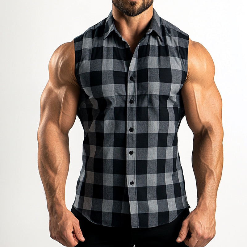 Men's Retro Casual Plaid Print Lapel Sleeveless Shirt MTA1693D0TO