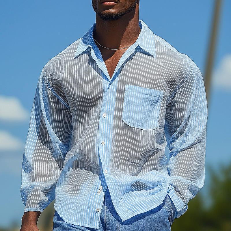 Men's Summer Fashion Breathable Striped Organza Long Sleeve Shirt MTA1641D6P