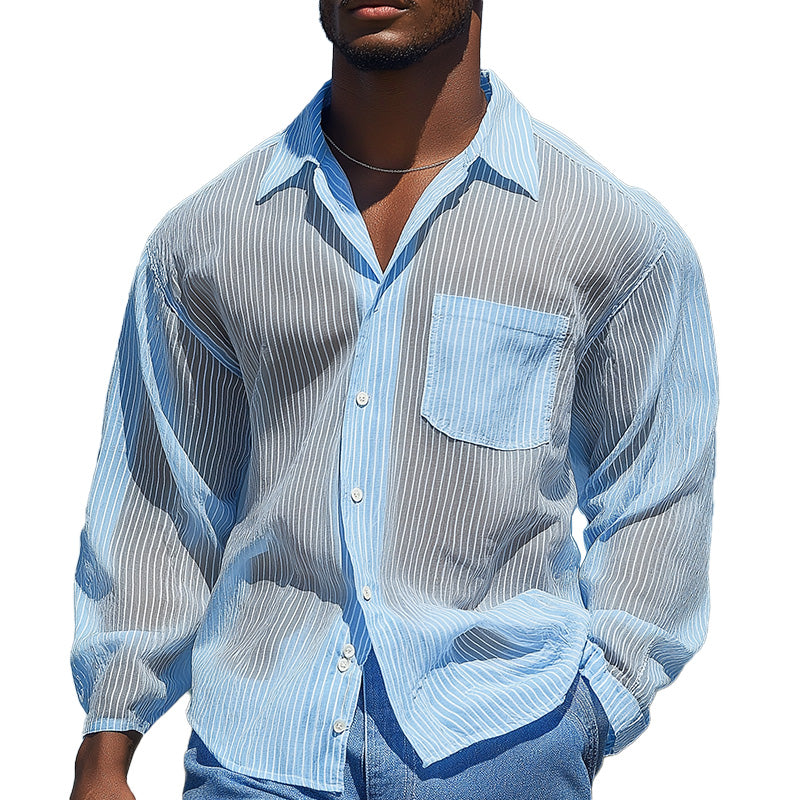 Men's Summer Fashion Breathable Striped Organza Long Sleeve Shirt MTA1641D6P