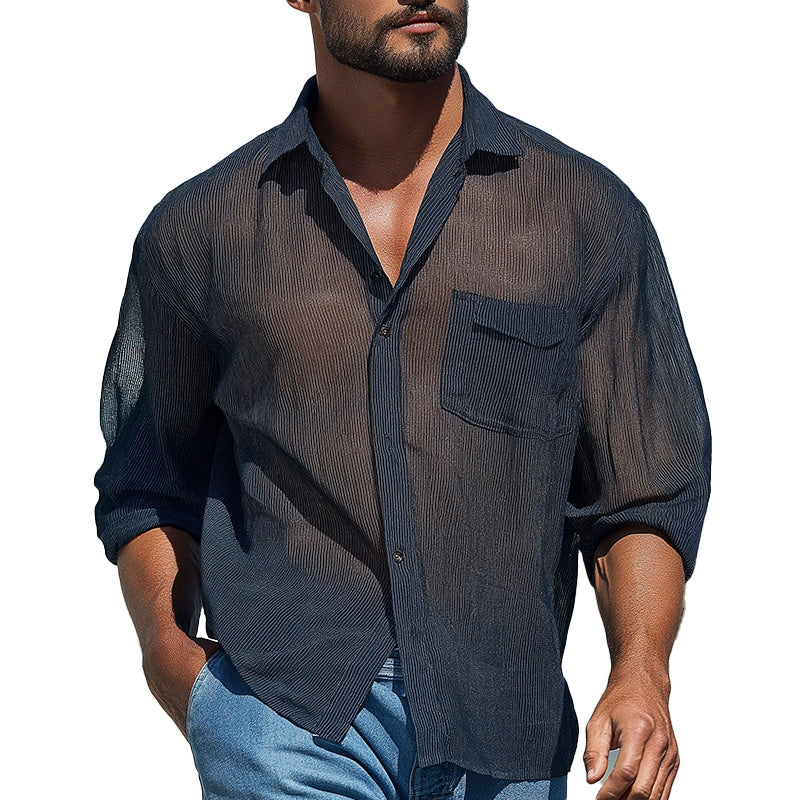 Men's Summer Fashion Breathable Striped Organza Long Sleeve Shirt MTA1641D4P