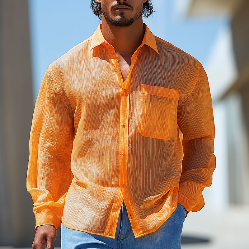 Men's Summer Fashion Breathable Striped Organza Long Sleeve Shirt MTA1608D0P