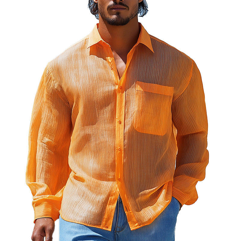 Men's Summer Fashion Breathable Striped Organza Long Sleeve Shirt MTA1608D0P