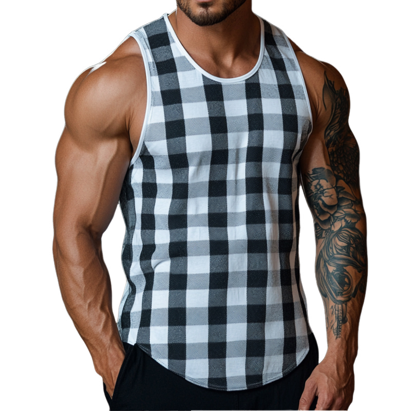 Men's Casual Check Print Crew Neck Tank Top MTA1682D8TO