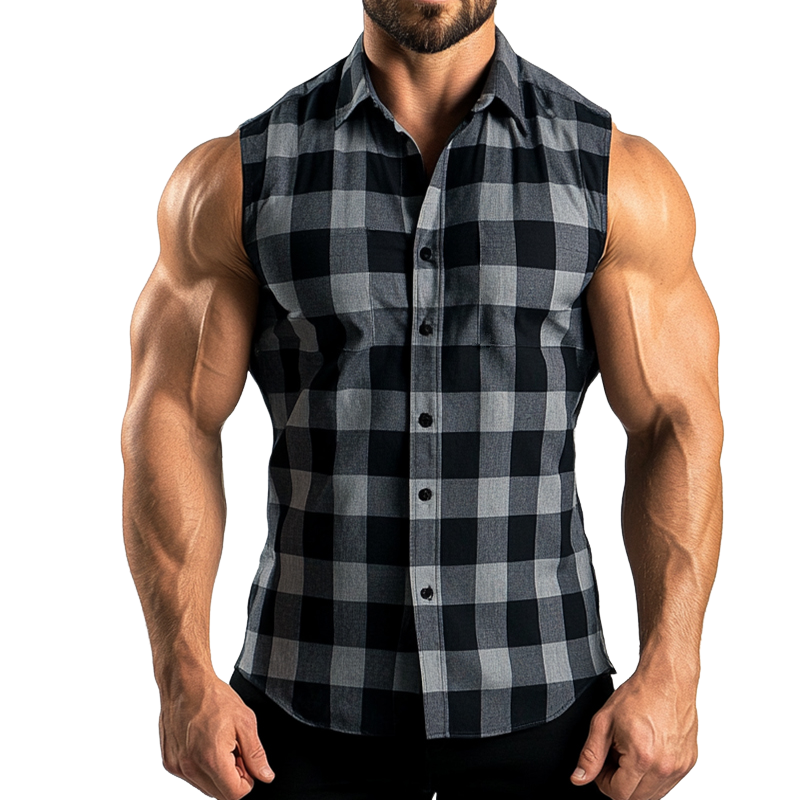 Men's Retro Casual Plaid Print Lapel Sleeveless Shirt MTA1693D0TO