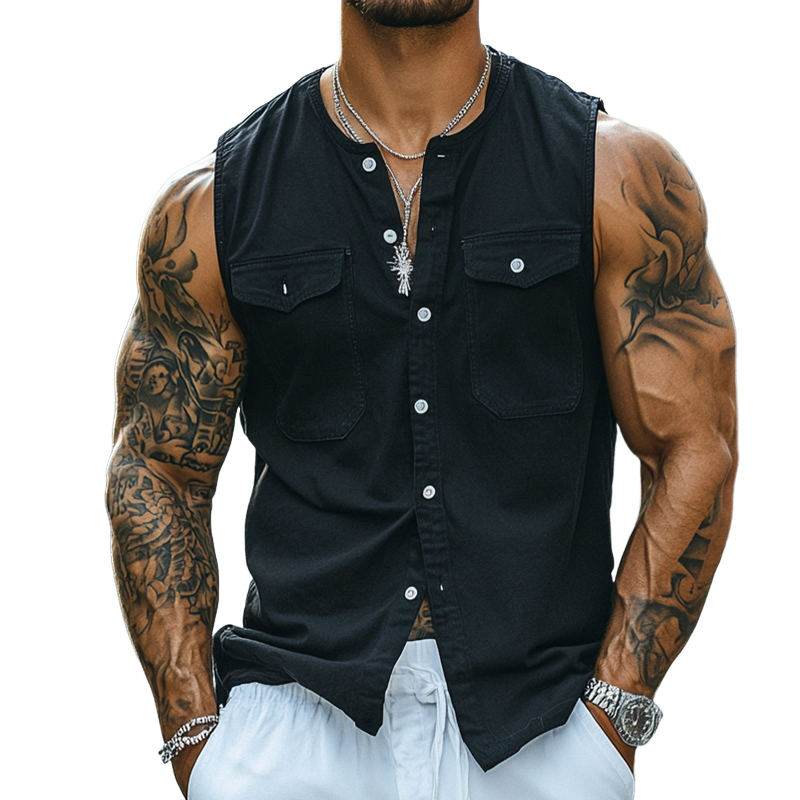 Men's Vintage Casual Cotton Pocket Collarless Sleeveless Shirt MTA1620D3TO