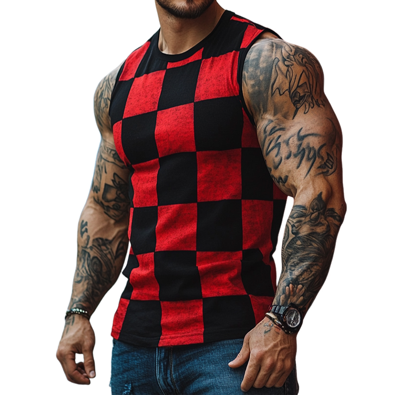 Men's Retro Casual Contrast Checkerboard Print Crew Neck Tank Top MTA1683D1TO