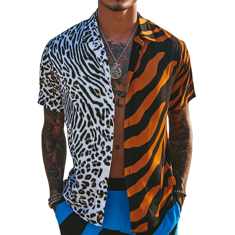 Men's Retro Casual Animal Texture Print Lapel Short Sleeve Shirt MTA1664D2TO