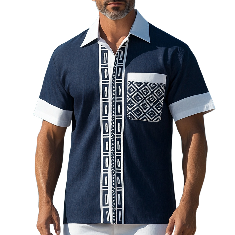 Men's Retro Casual Ethnic Style Geometric Print Linen Lapel Short Sleeve Shirt MTA1645D7TO