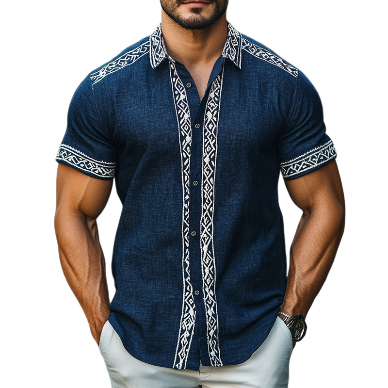 Men's Retro Casual Ethnic Style Geometric Print Linen Lapel Short Sleeve Shirt MTA1695D2TO