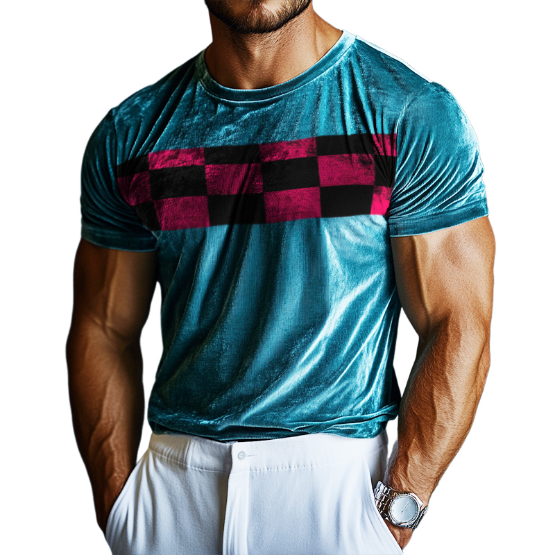 Men's Casual Checkerboard Print Velvet Round Neck Short Sleeve T-Shirt MTA1635D3TO
