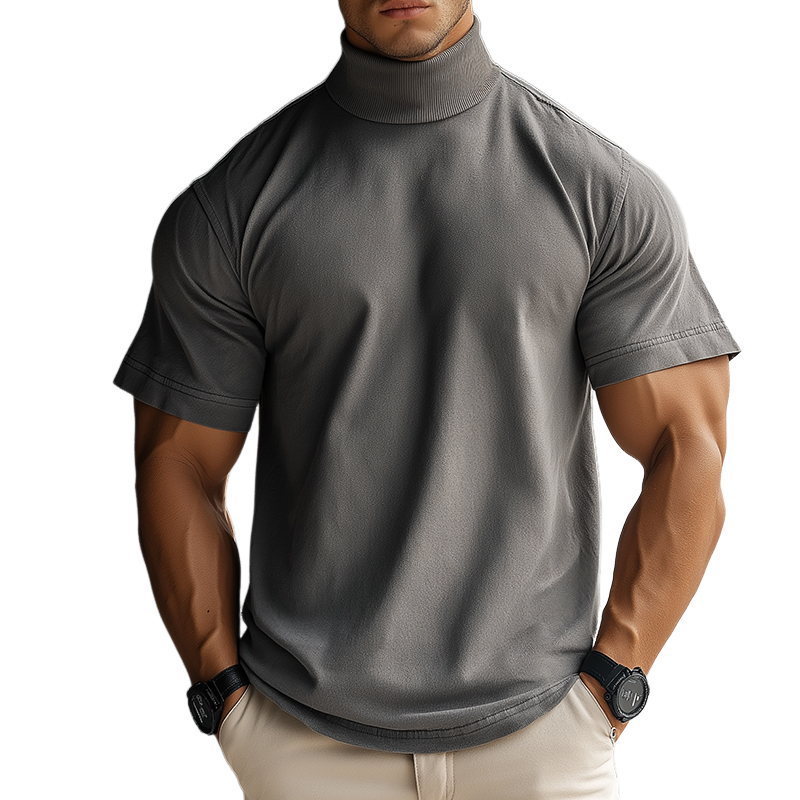 Men's Casual Washed High Collar Short Sleeve T-Shirt MTA1663D8TO
