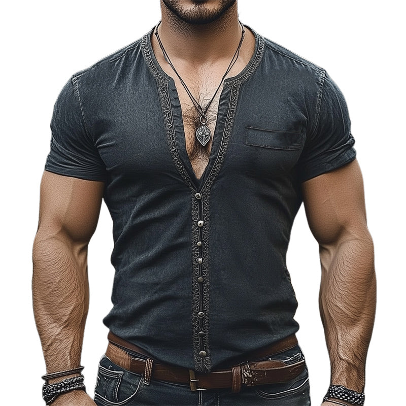 Men's Summer Fashion V-neck Embroidered Slim Fit T-shirt MTA1727D8U