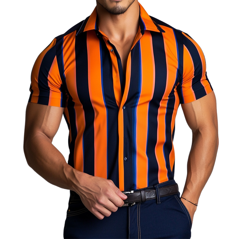Men's Casual Stripe Print Lapel Short Sleeve Shirt MTA1614D9TO
