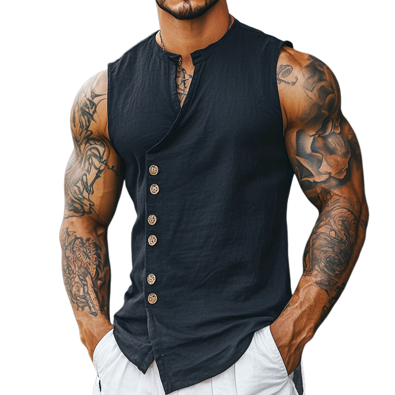 Men's Retro Casual Solid Color Linen Stand Collar Sleeveless Shirt MTA1688D0TO
