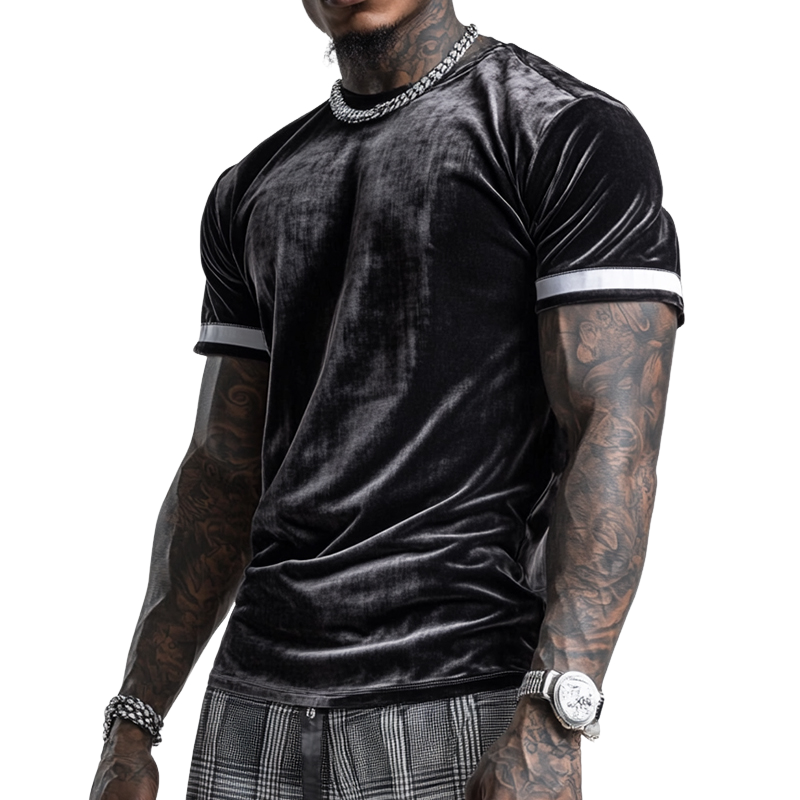 Men's Retro Casual Velvet Stitching Round Neck Short Sleeve T-Shirt MTA1640D7TO
