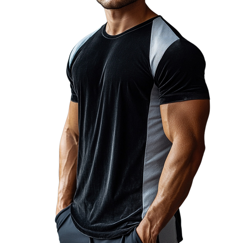 Men's Retro Casual Velvet Stitching Round Neck Short Sleeve T-Shirt MTA1683D5TO