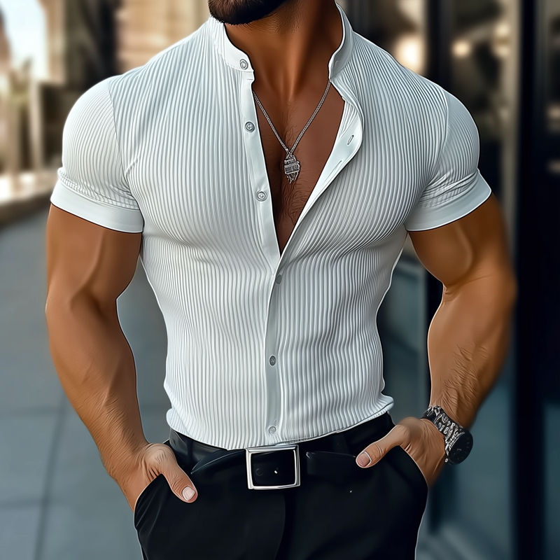 Men's Solid Striped Stand Collar Short Sleeve Shirt MTA1770D4Z