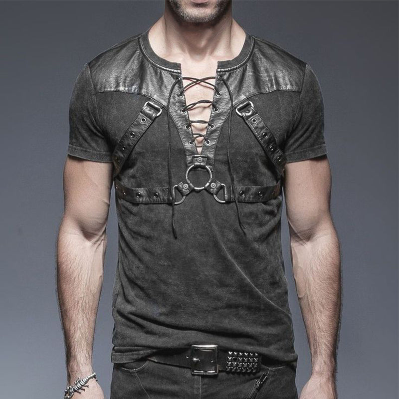 Men's Summer Fashion Leather Stitching Lace-Up T-Shirt MTA1751D2U