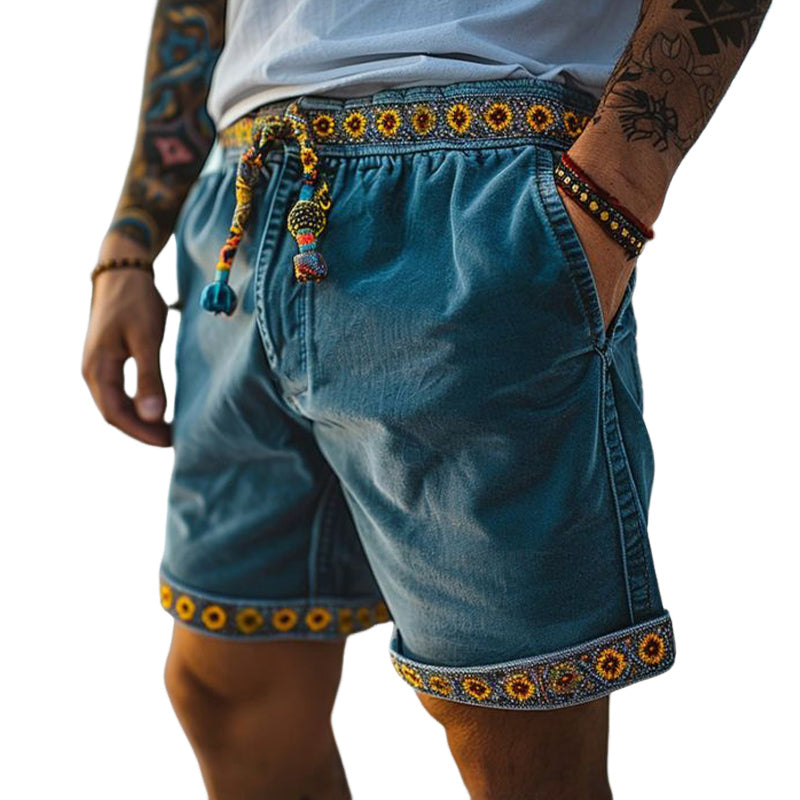Men's Vintage Floral Patchwork Lace-up Denim Shorts MTA1716D9U