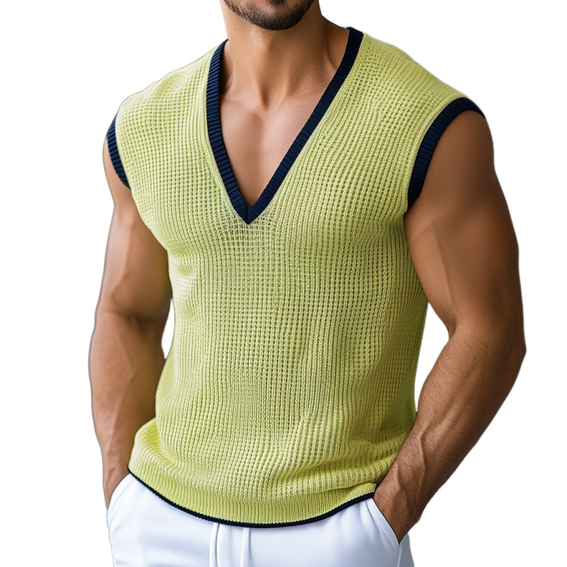 Uformelt kontrastfarge for menn, v-hals, myk slim fit strikket tanktopp MTA1721D1M