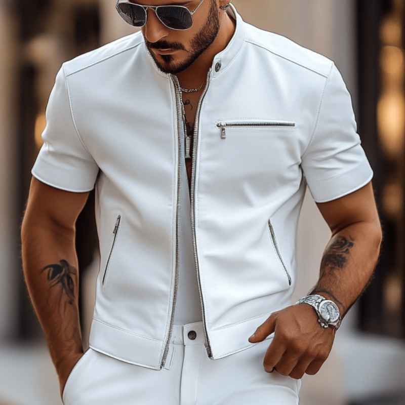Men's Fashion Faux Leather Stand Collar Slim Fit Multi-Pocket Short Sleeve Shirt MTA1765D2M