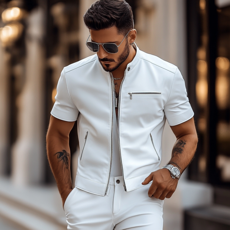 Men's Fashion Faux Leather Stand Collar Slim Fit Multi-Pocket Short Sleeve Shirt MTA1765D2M