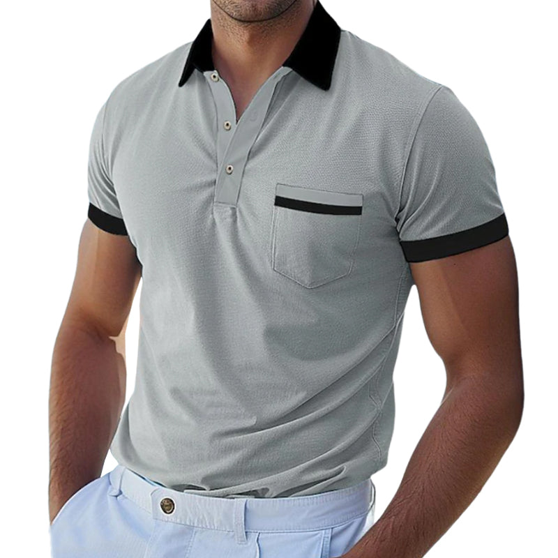 Men's Casual Cotton Contrast Color Patchwork Lapel Slim Short Sleeve Polo Shirt MTA1527D8M