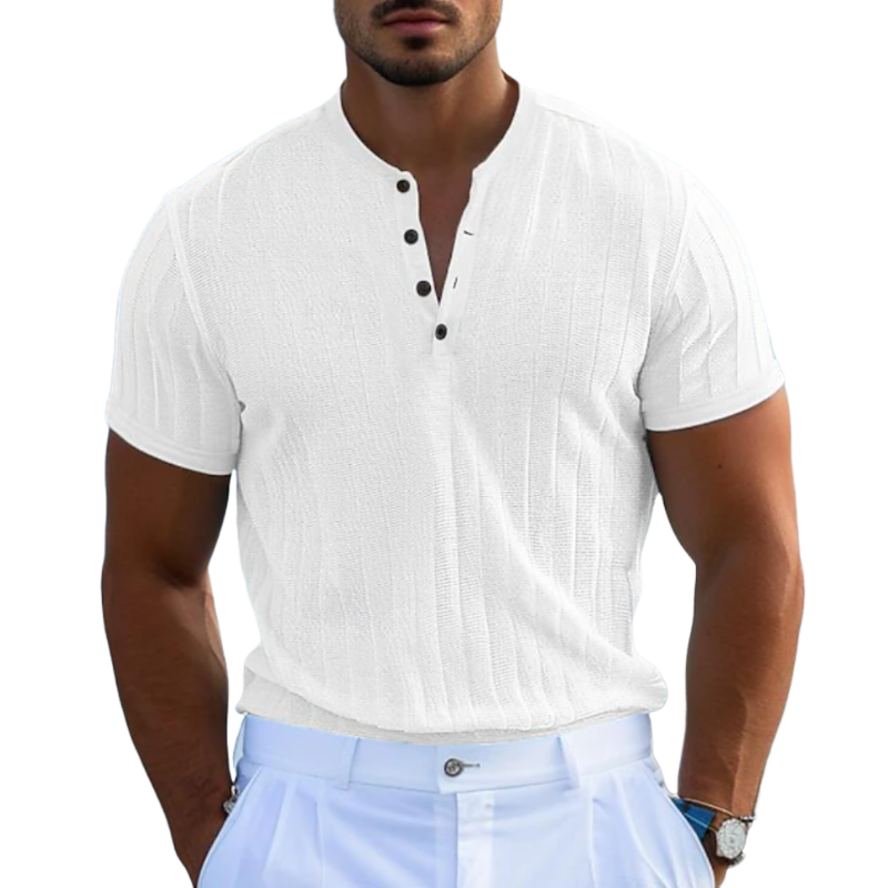 Men's Casual Knitted Jacquard Cotton Henley Collar Slim Fit Short Sleeve T-Shirt MTA1510D0M