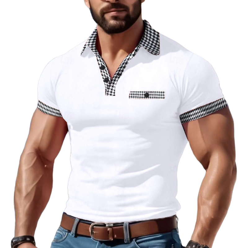 Men's Casual Cotton Houndstooth Patchwork Lapel Slim Short Sleeve T-Shirt MTA1577D8M