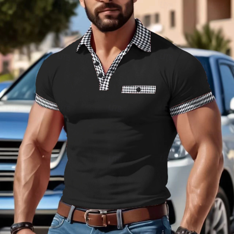 Men's Casual Cotton Houndstooth Patchwork Lapel Slim Short Sleeve T-Shirt MTA1577D8M