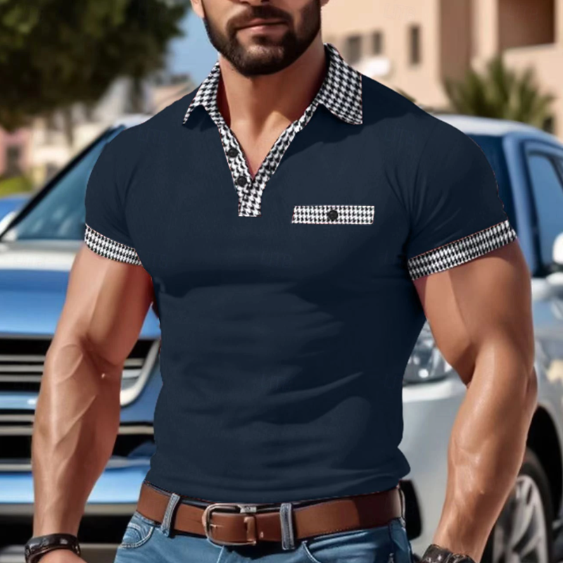 Men's Casual Cotton Houndstooth Patchwork Lapel Slim Short Sleeve T-Shirt MTA1577D8M