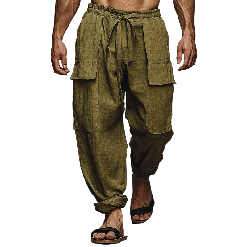 Men's Casual Cotton Linen Blend Elastic Waist Drawstring Multi-Pocket Loose Pants MTA1771D9M