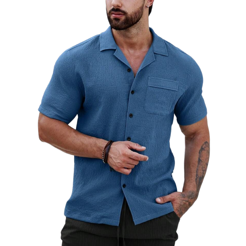 Men's Casual Cotton Blend Pleated Lapel Patch Pocket Slim Fit Short Sleeve Shirt MTA0289D9M