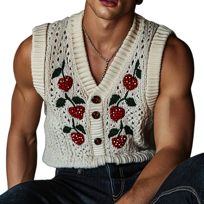 Men's Casual Loose Strawberry Jacquard Knitted V-Neck Vest MTA1851D3X