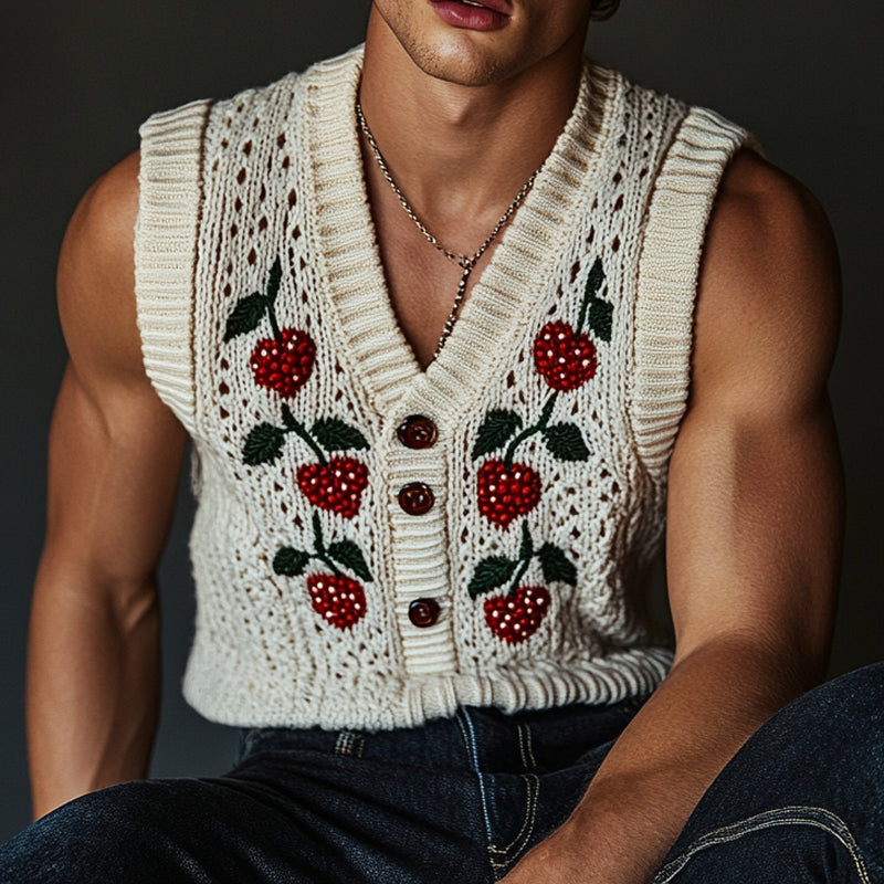 Men's Casual Loose Strawberry Jacquard Knitted V-Neck Vest MTA1851D3X