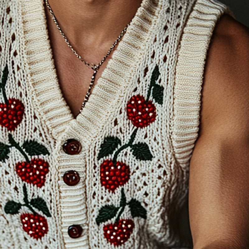 Men's Casual Loose Strawberry Jacquard Knitted V-Neck Vest MTA1851D3X
