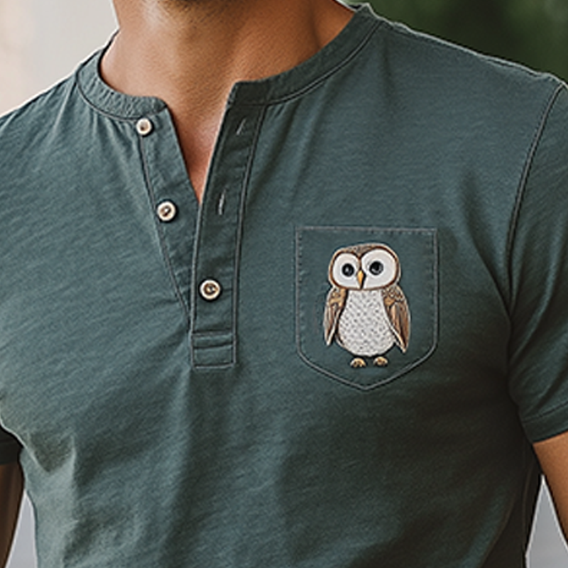 Men's Summer Casual Cotton Blend Slim Fit Henley Collar Pocket Animal Embroidery Short Sleeve T-Shirt MTA1829D8K