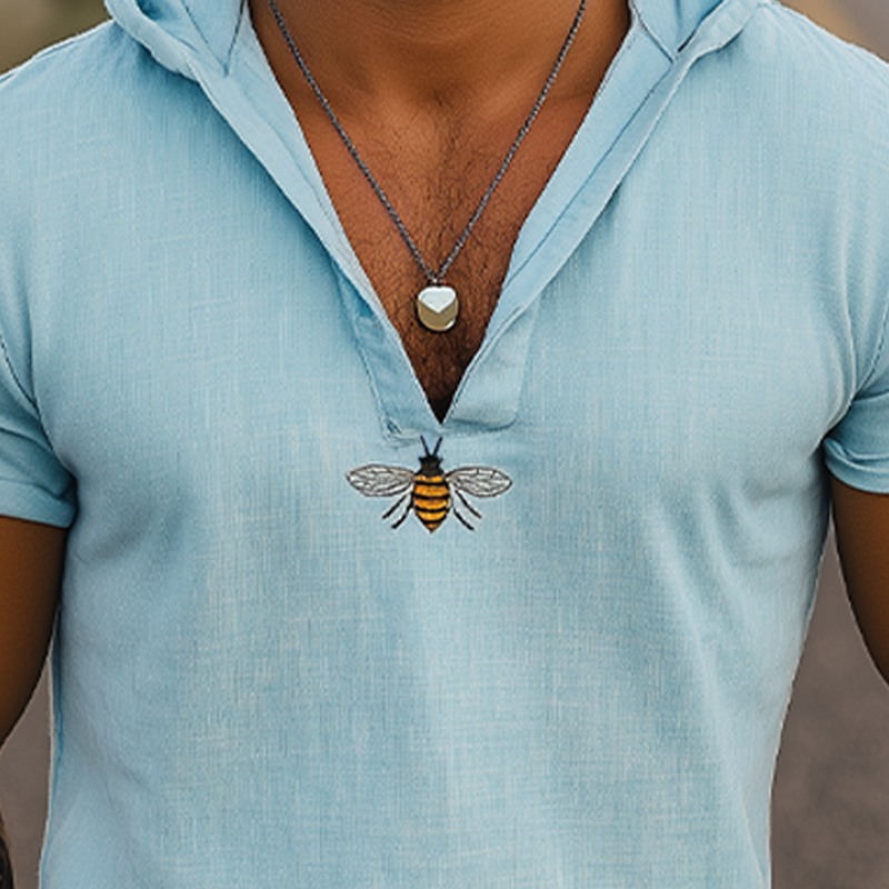 Men's Summer Casual Hooded Slim Fit Cotton and Linen Animal Embroidered Short Sleeve T-shirt MTA1876D6K