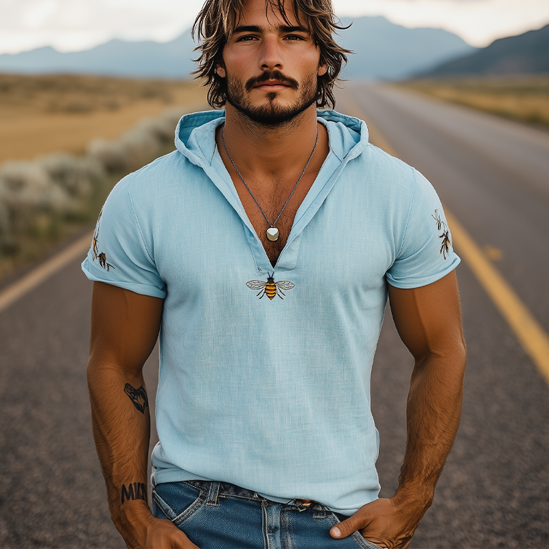 Men's Summer Casual Hooded Slim Fit Cotton and Linen Animal Embroidered Short Sleeve T-shirt MTA1876D6K