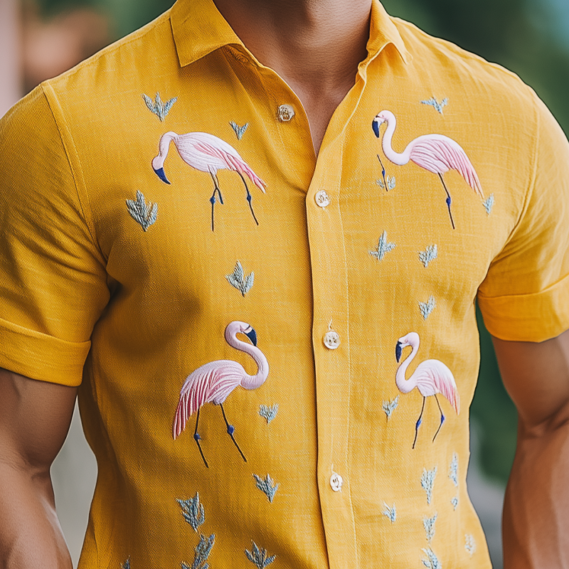 Men's Summer Fashion Hawaiian Style Cotton and Linen Flamingo Embroidered Short Sleeve Shirt MTA1852D8K