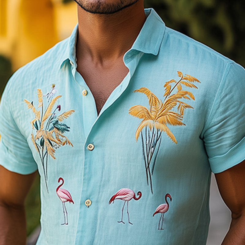 Men's Summer Fashion Hawaiian Style Flamingo Embroidery Cotton and Linen Short Sleeve Shirt MTA2115D5K