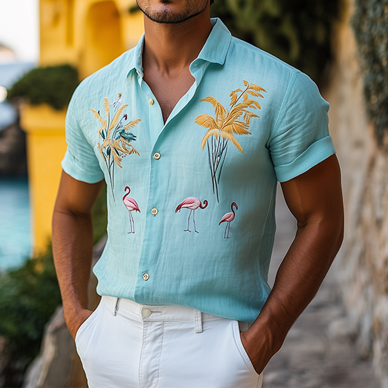 Men's Summer Fashion Hawaiian Style Flamingo Embroidery Cotton and Linen Short Sleeve Shirt MTA2115D5K