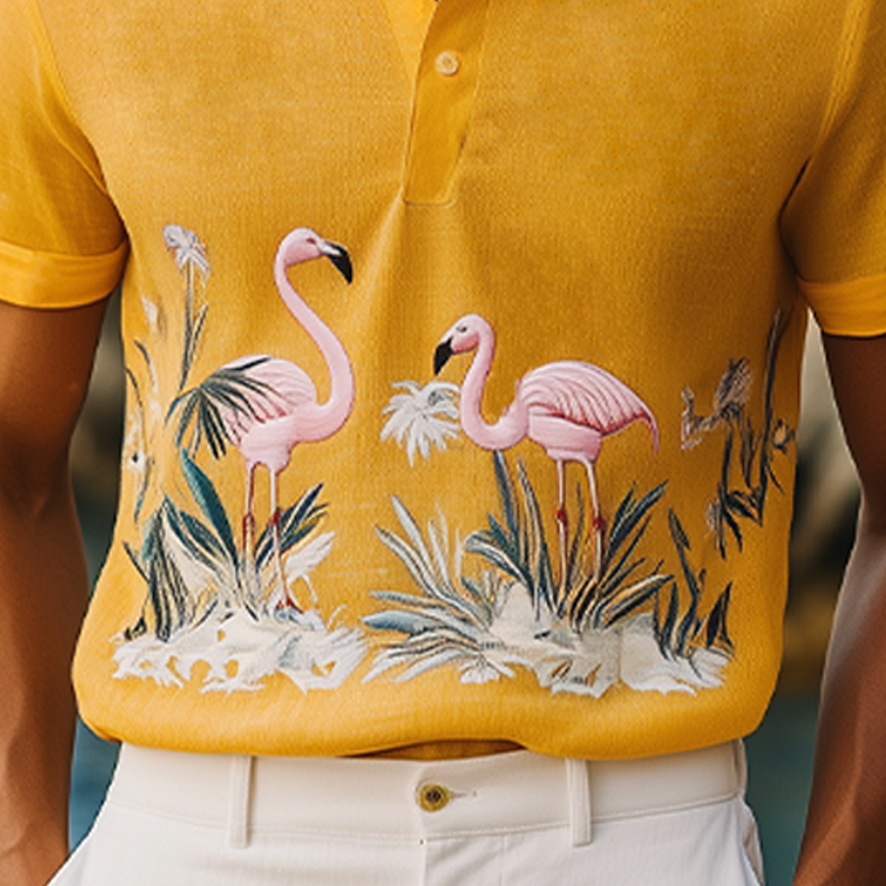 Men's Summer Fashion Hawaiian Style Flamingo Embroidered Cotton and Linen Short Sleeve Polo Shirt MTA2123D9K
