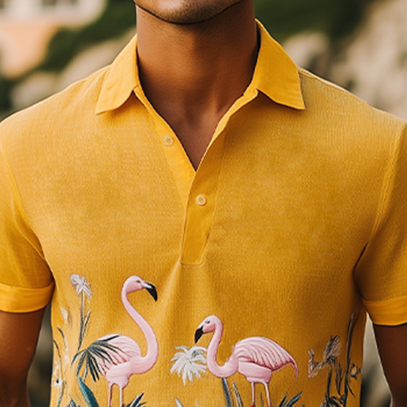 Men's Summer Fashion Hawaiian Style Flamingo Embroidered Cotton and Linen Short Sleeve Polo Shirt MTA2123D9K
